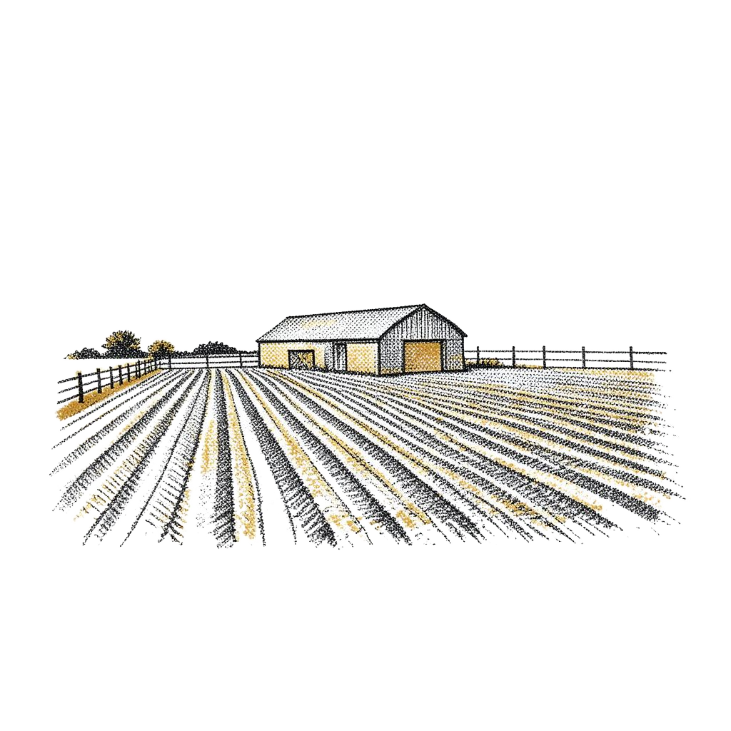 Halftone illustration of a farm parcel with field rows, a fence line and a barn.
