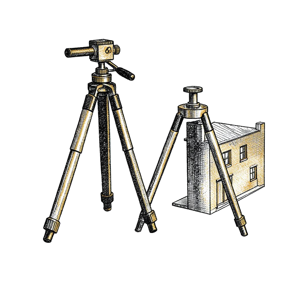 Halftone illustration of a surveyor's level beside a small building elevation.