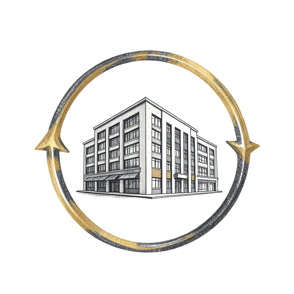 Halftone illustration of a commercial building inside a circular arrow.