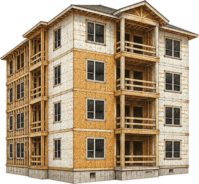 Stipple halftone illustration of a four storey wood frame rental apartment building nearing completion.
