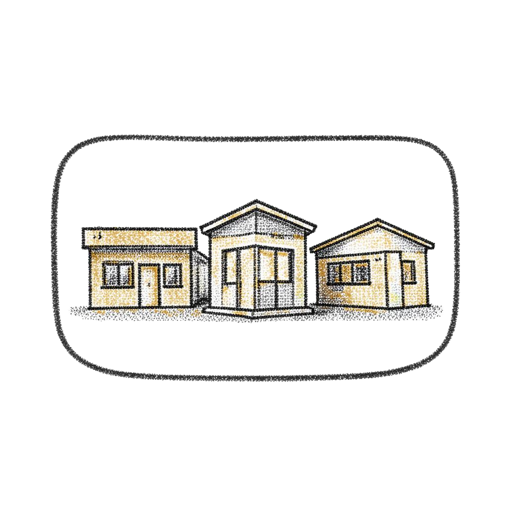 Halftone illustration of three commercial buildings grouped inside one outline.