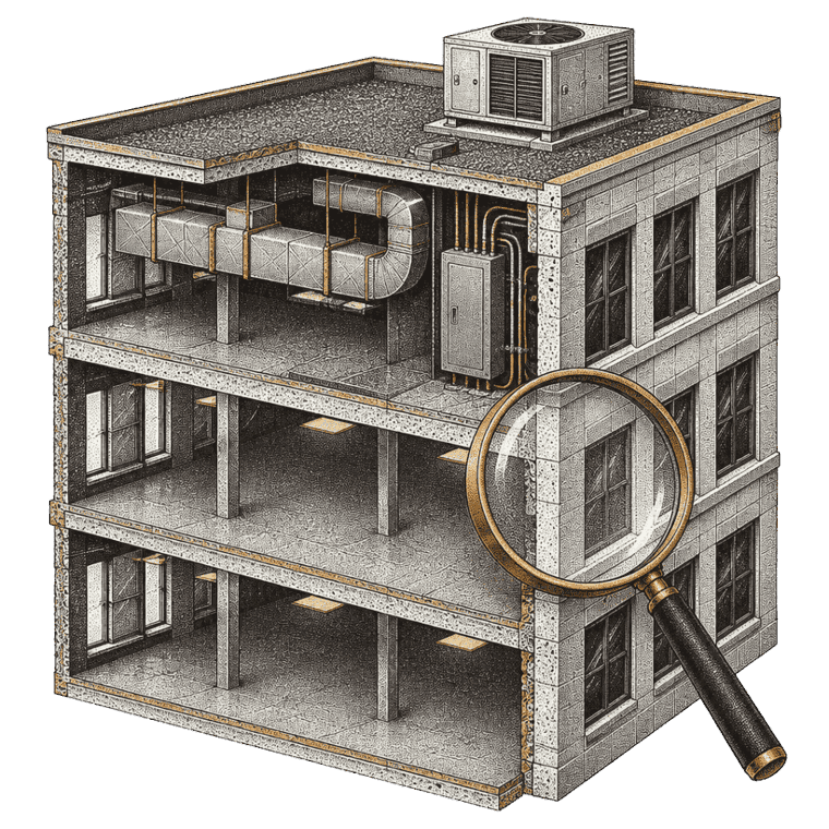 Stipple halftone illustration of a cutaway commercial building showing the roof, ductwork and electrical panel, with a magnifying glass.
