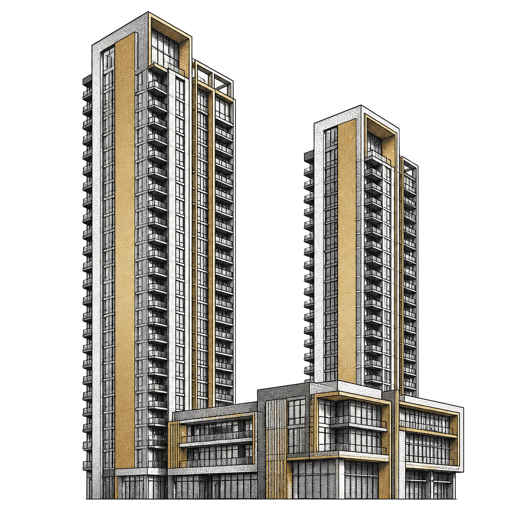 Engraved illustration of Burnaby residential towers above a podium