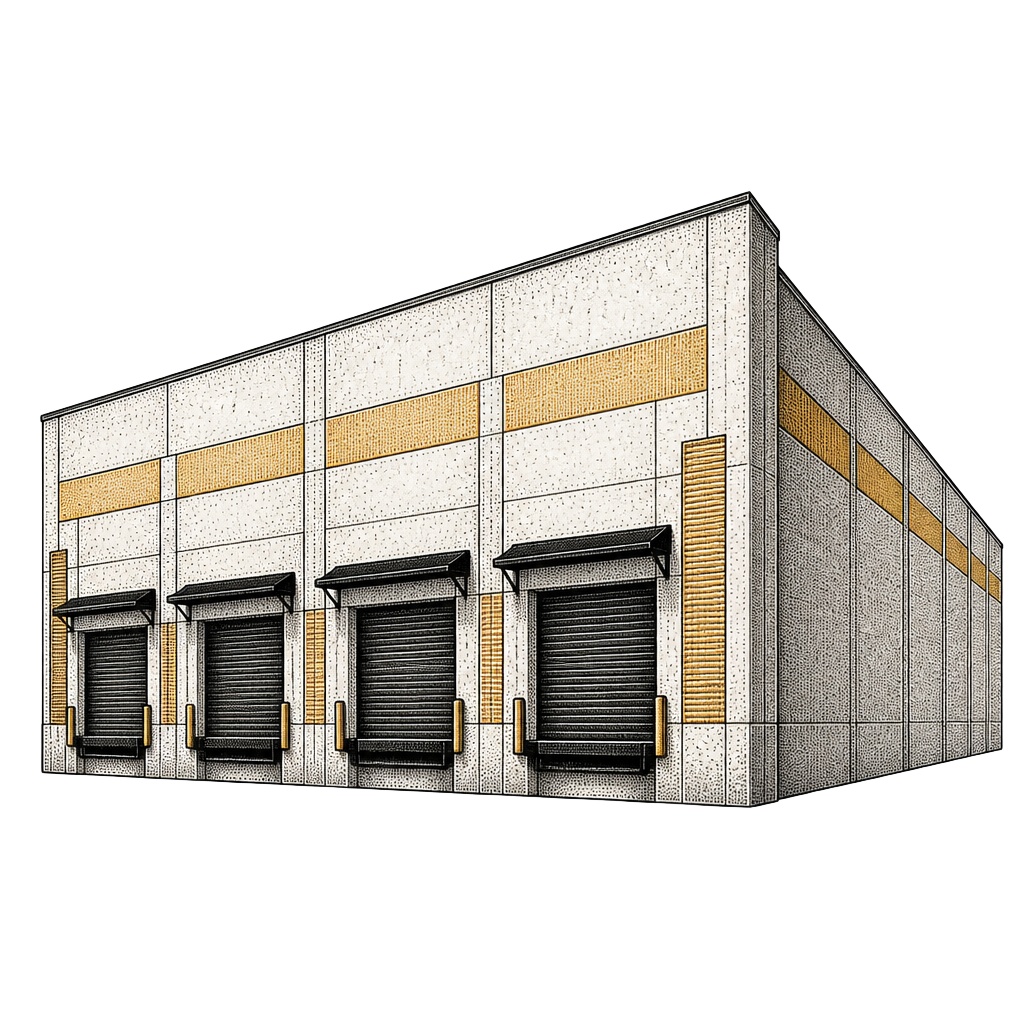 Engraved illustration of a Campbell Heights industrial warehouse with loading doors