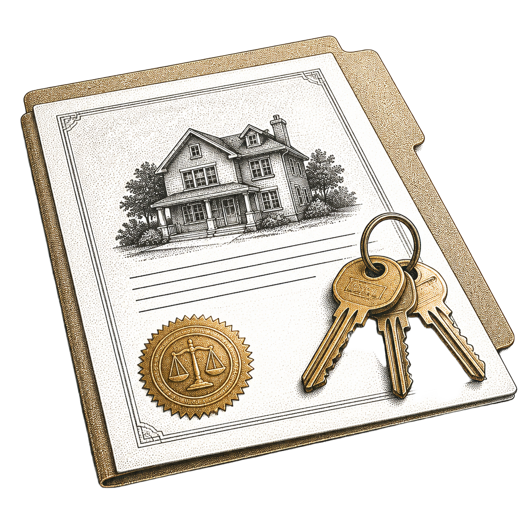 Halftone illustration of a title document with a seal and a set of keys.