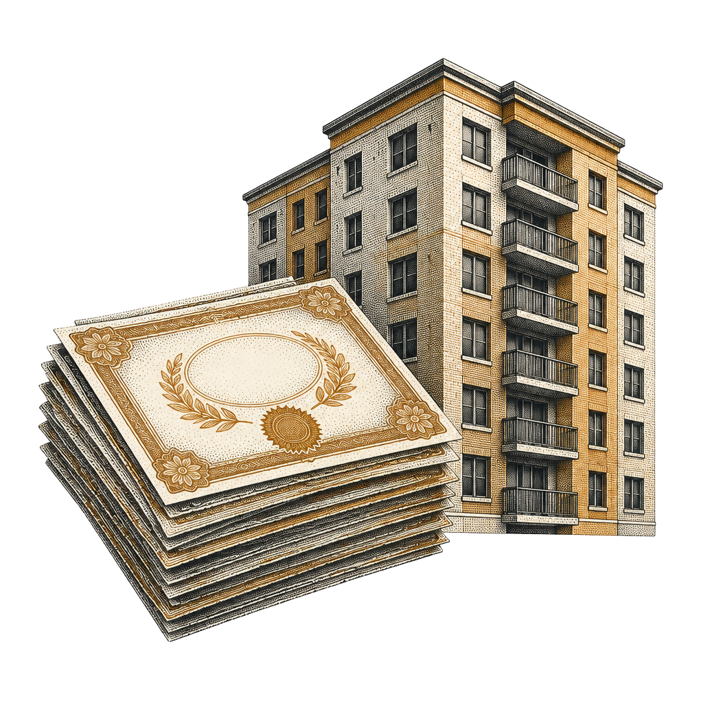 Halftone illustration of a stack of bond certificates beside a rental apartment building.