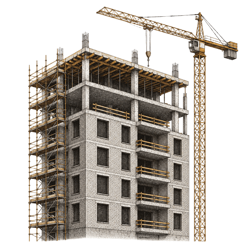 Stipple halftone illustration of a rental apartment building under construction with scaffolding and a tower crane.