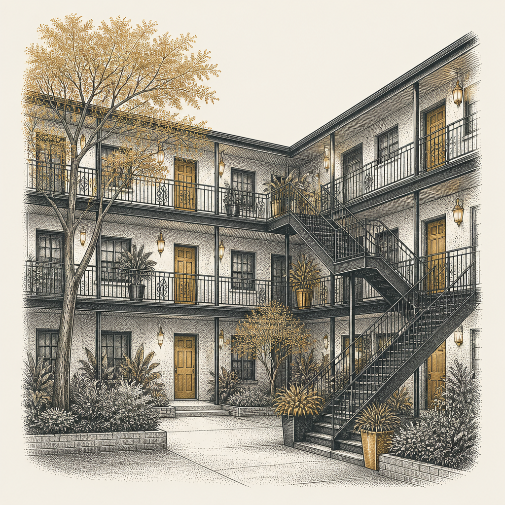 Halftone illustration of a low rise rental apartment building with a landscaped courtyard.
