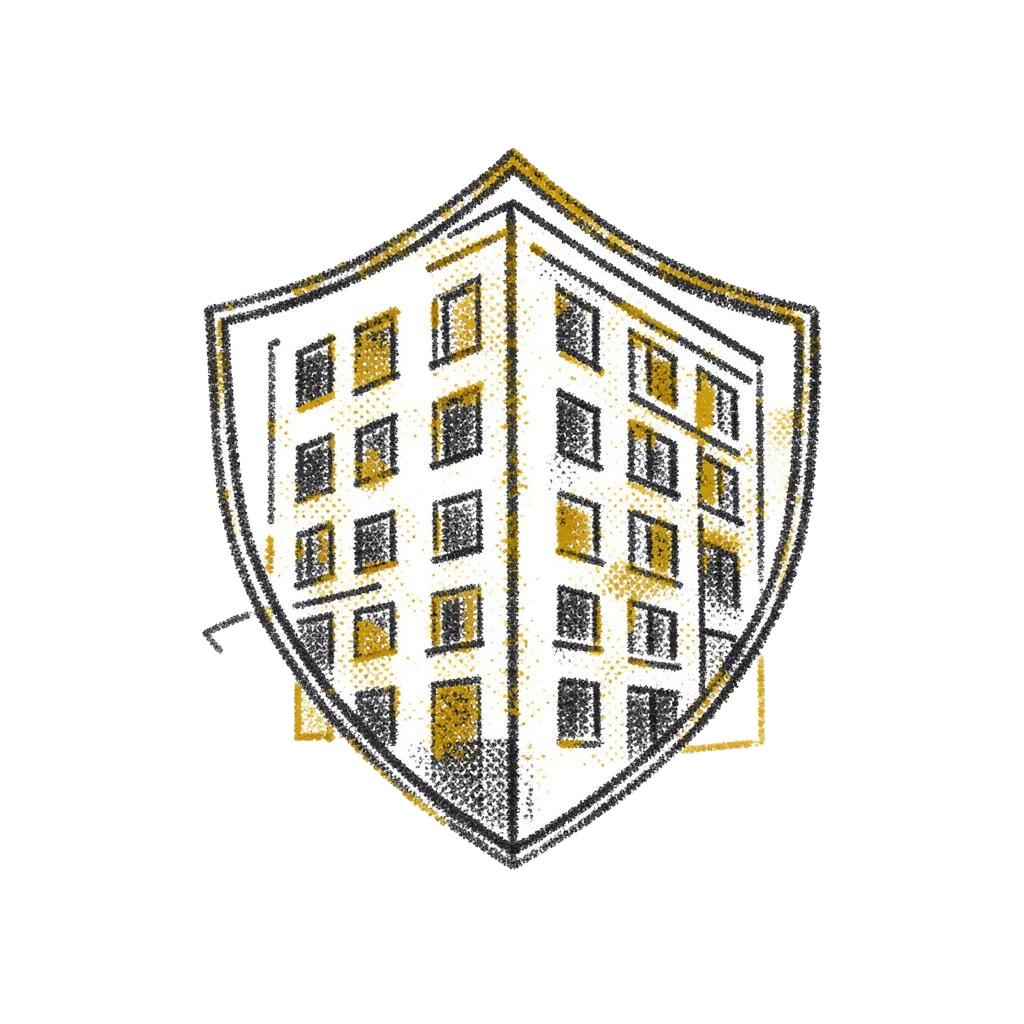 Halftone illustration of an apartment building inside a shield.