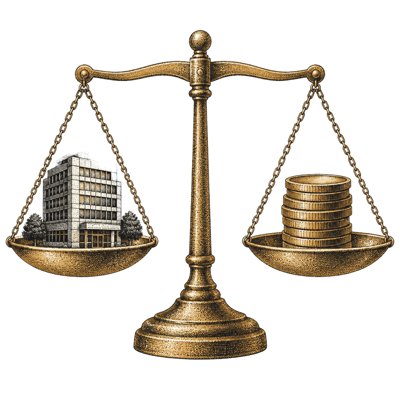 Stipple halftone illustration of a brass balance scale weighing a small office building against a stack of gold coins.