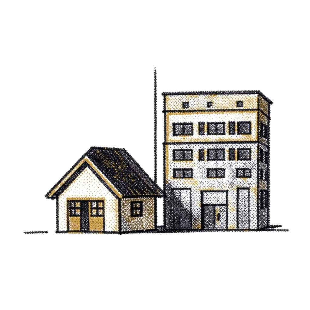 Halftone illustration of a small house beside a taller commercial building.