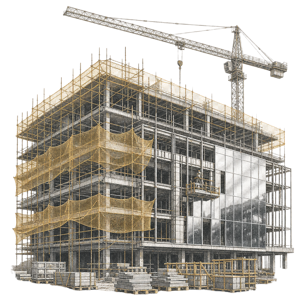 Halftone illustration of a building under scaffolding