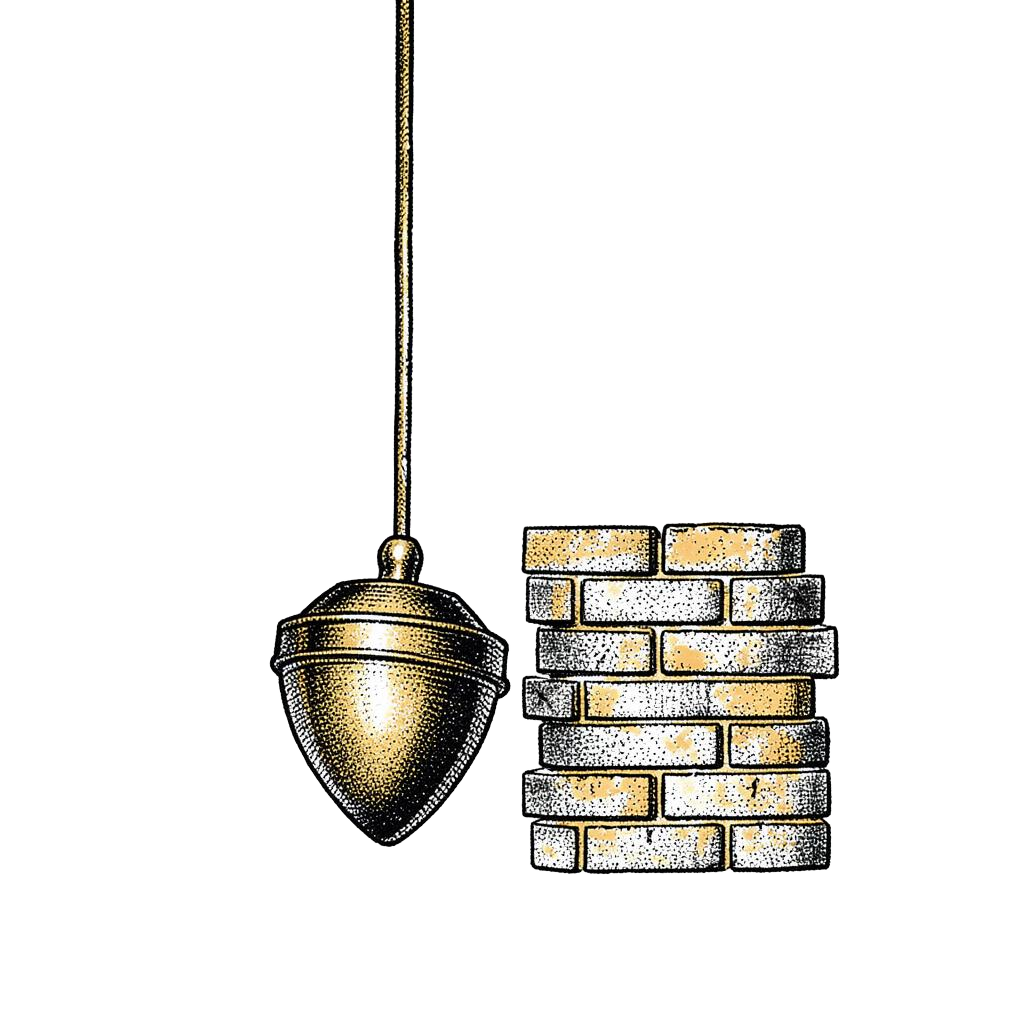 Halftone illustration of a plumb bob beside a partly built wall.
