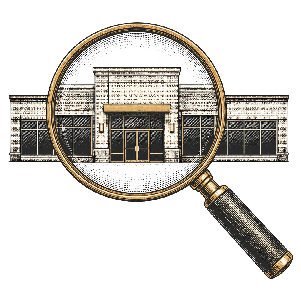 Halftone illustration of a magnifying glass over a commercial building elevation.