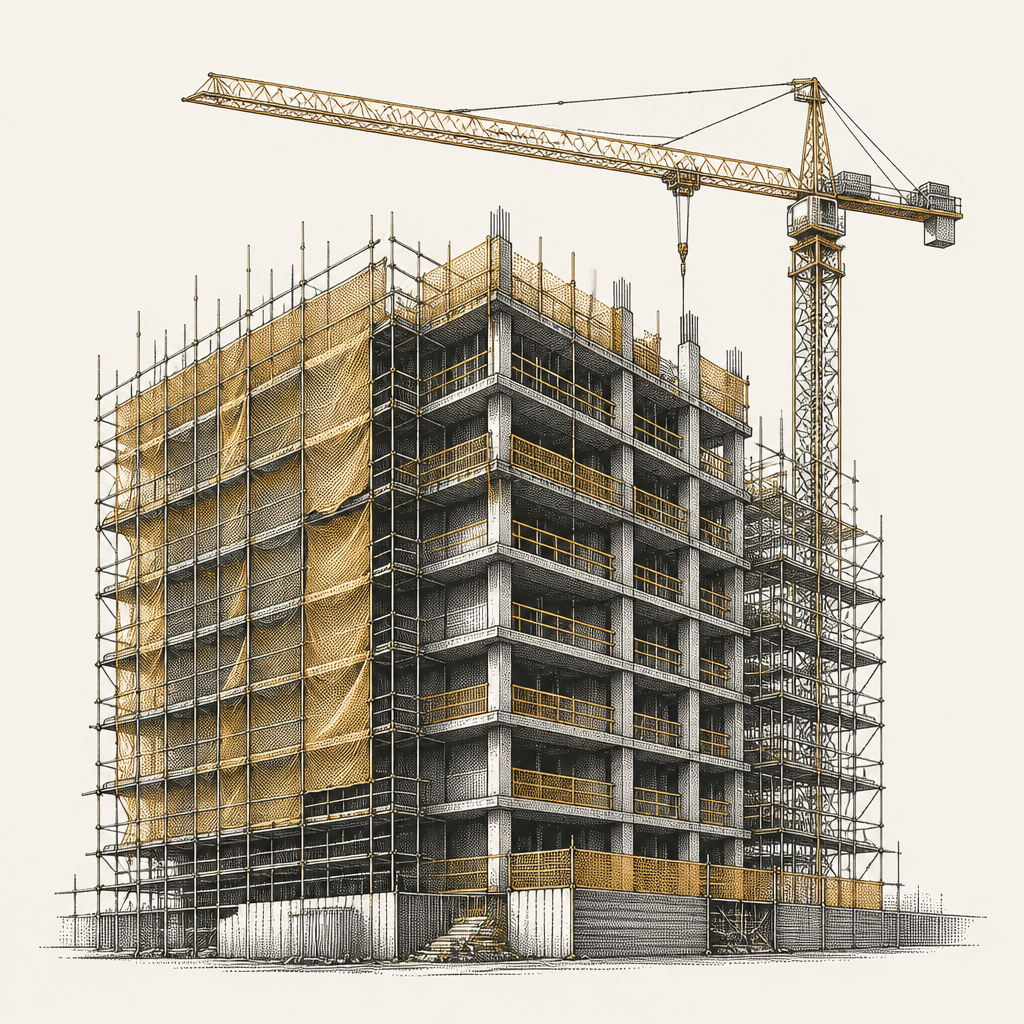 Halftone illustration of a building under construction