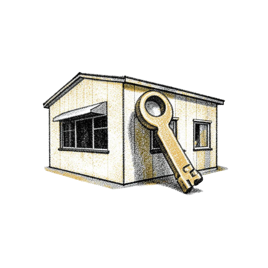 Halftone illustration of a small commercial building with a key beside it.