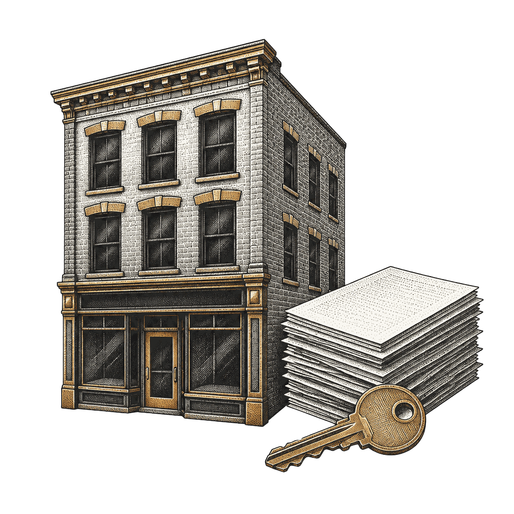 Stipple halftone illustration of a small brick commercial building with a storefront, beside a stack of documents and a brass key.