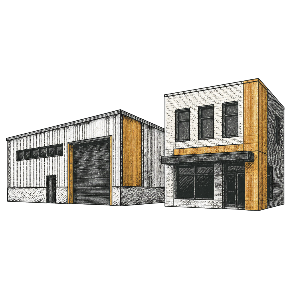 Engraved illustration of Langley industrial and commercial buildings
