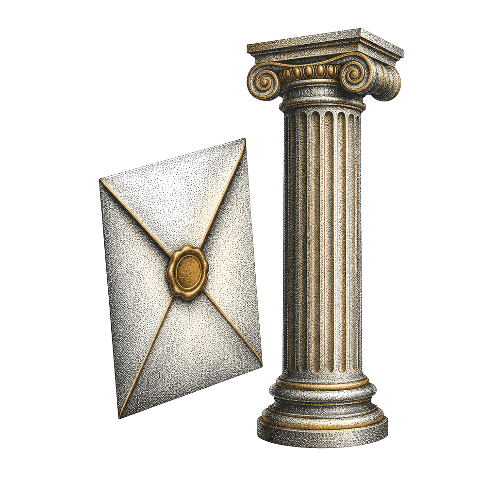 Halftone illustration of a sealed envelope beside a courthouse column.