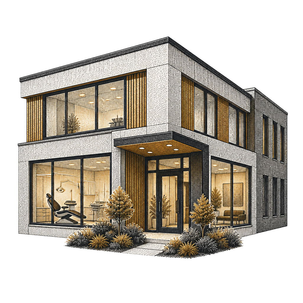 Stipple halftone illustration of a modern two storey clinic building with large ground floor windows, a planted entry and a dental chair visible through one window.
