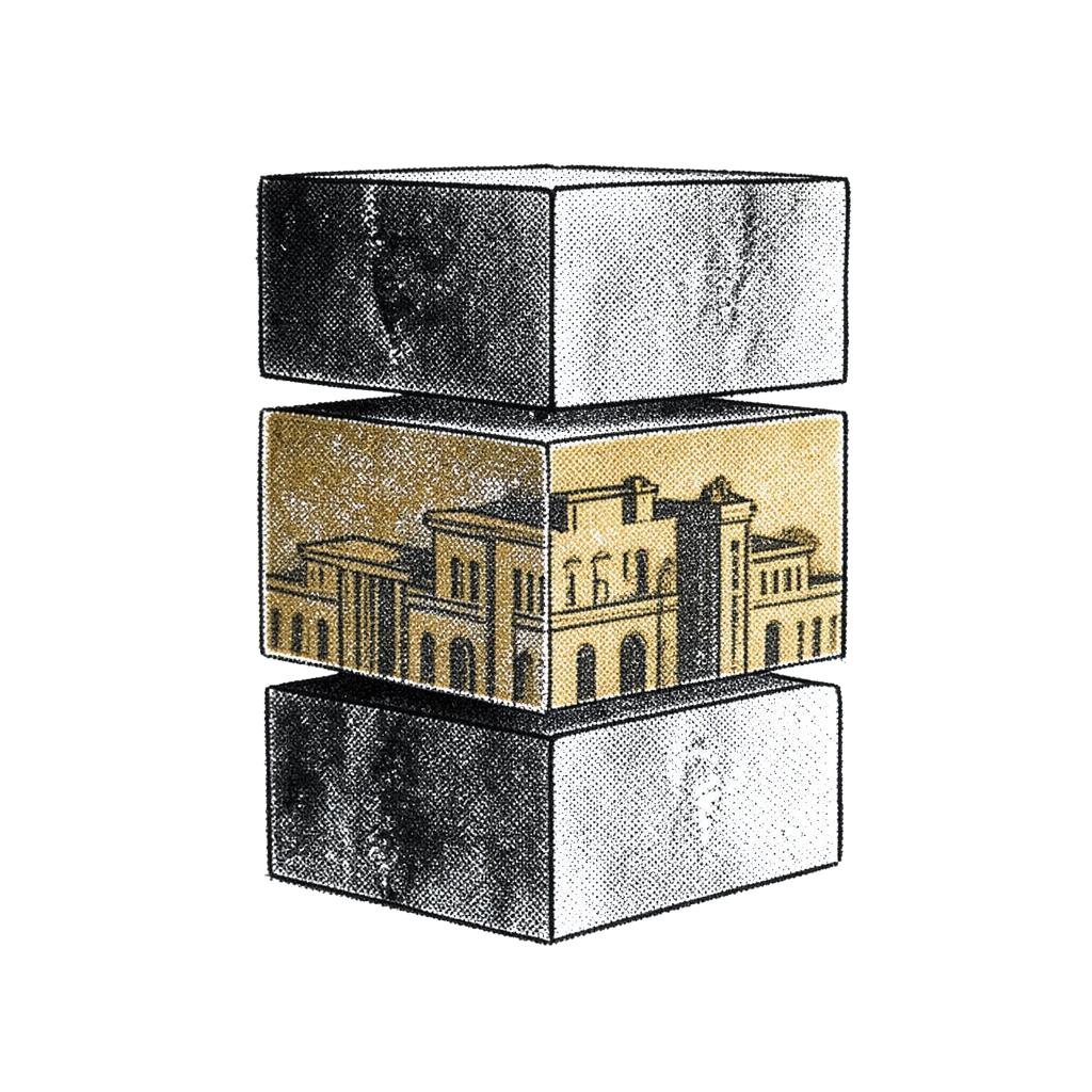 Halftone illustration of three stacked blocks with the middle layer picked out in gold.