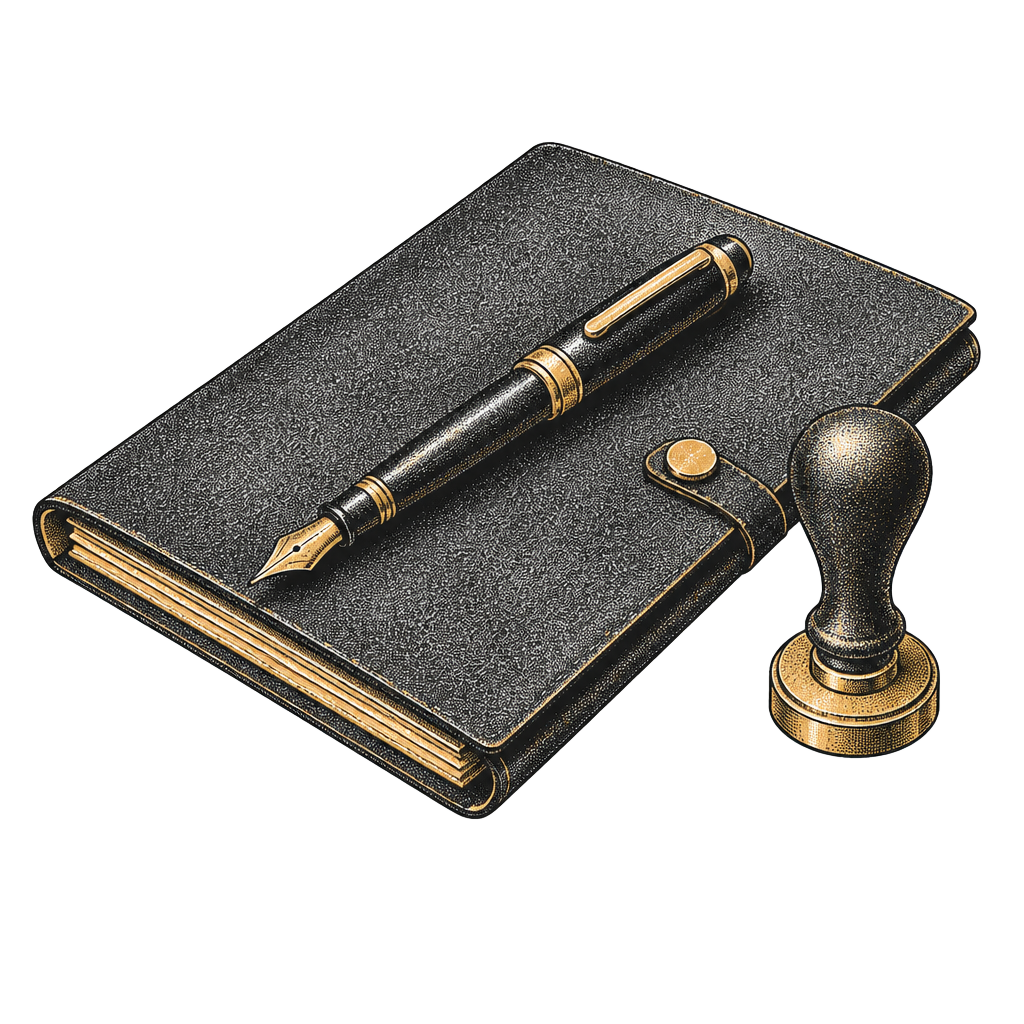 Stipple halftone illustration of a fountain pen resting on a closed folder beside a small official seal stamp.