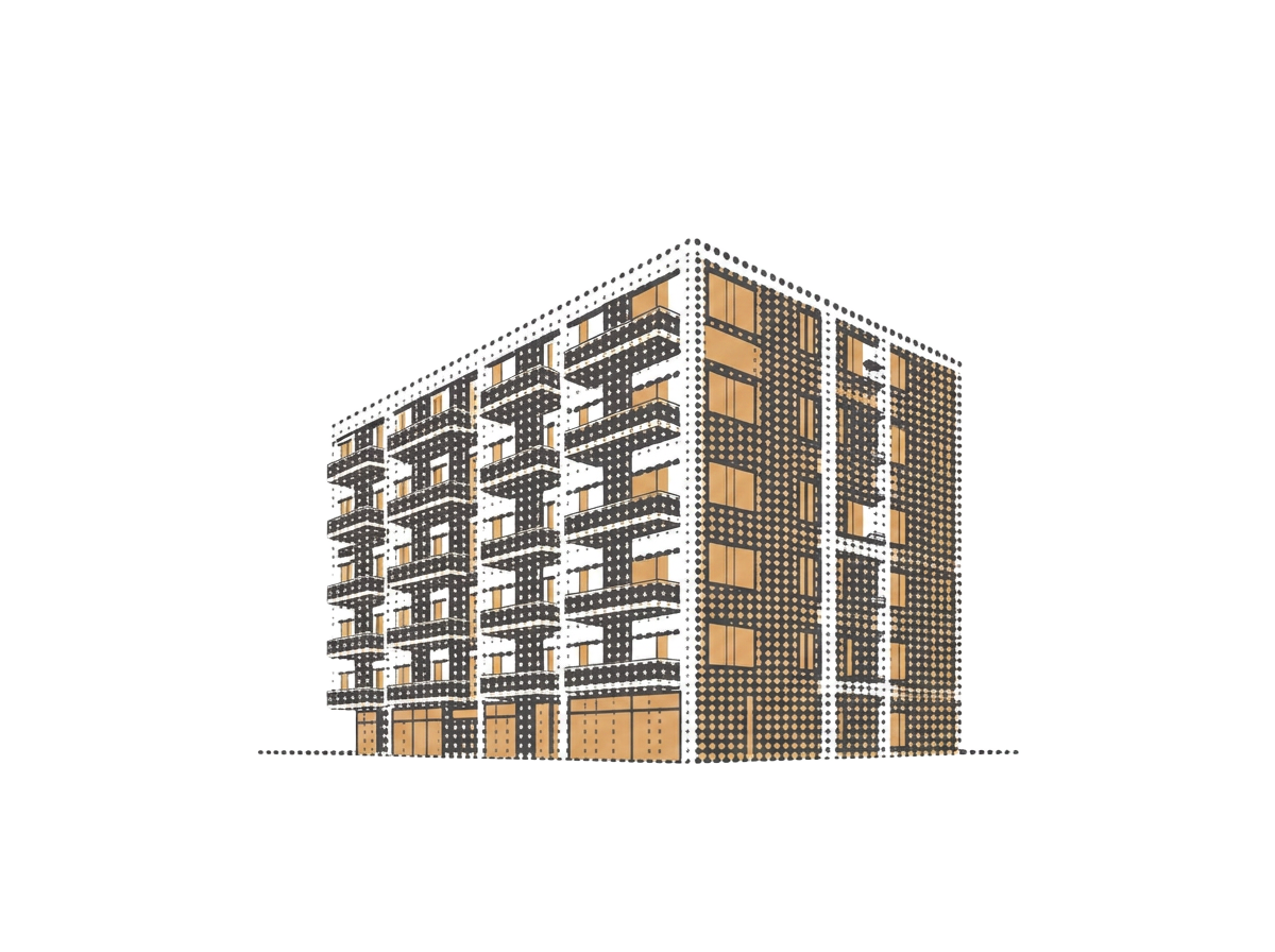 Halftone illustration of an apartment building