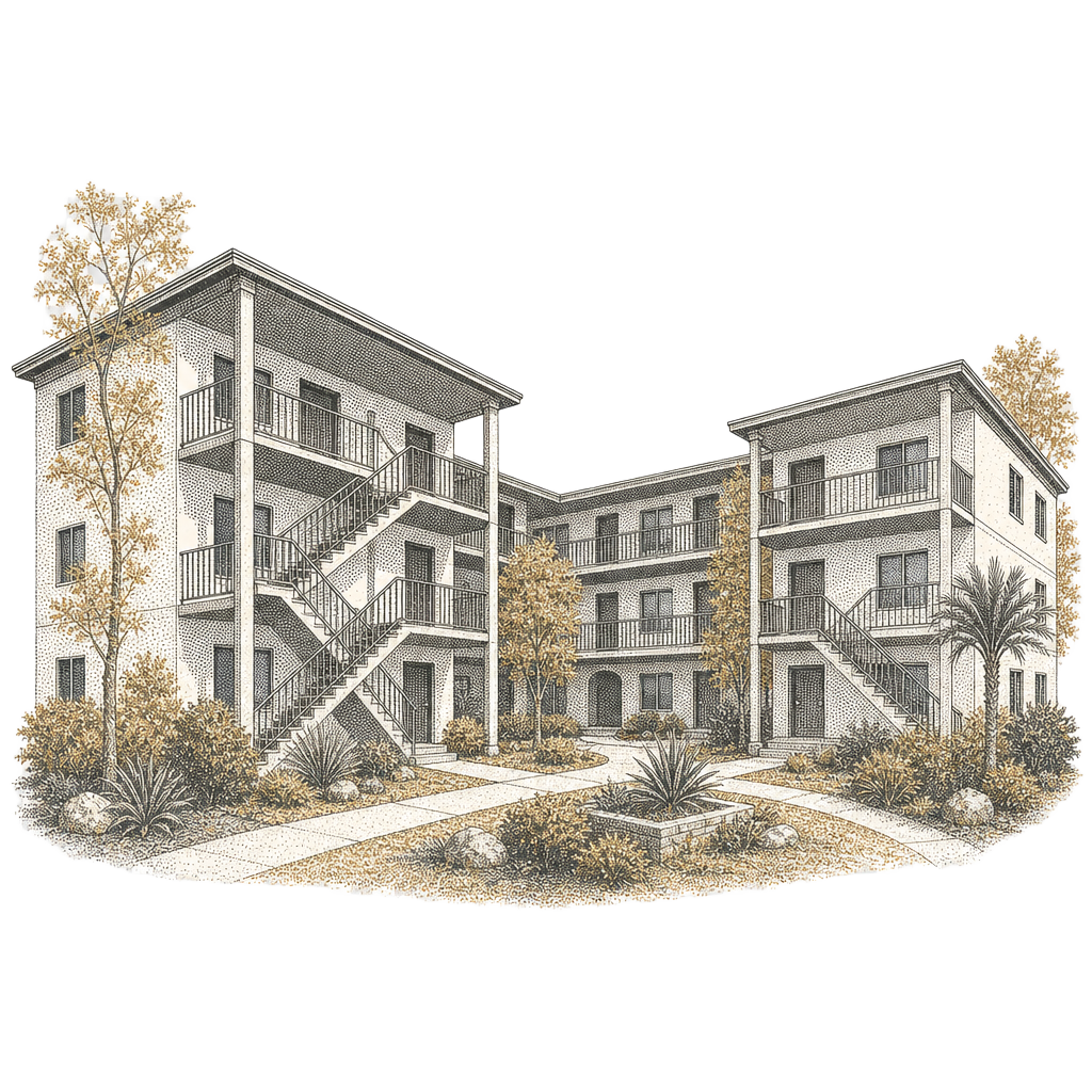 Halftone illustration of an apartment building
