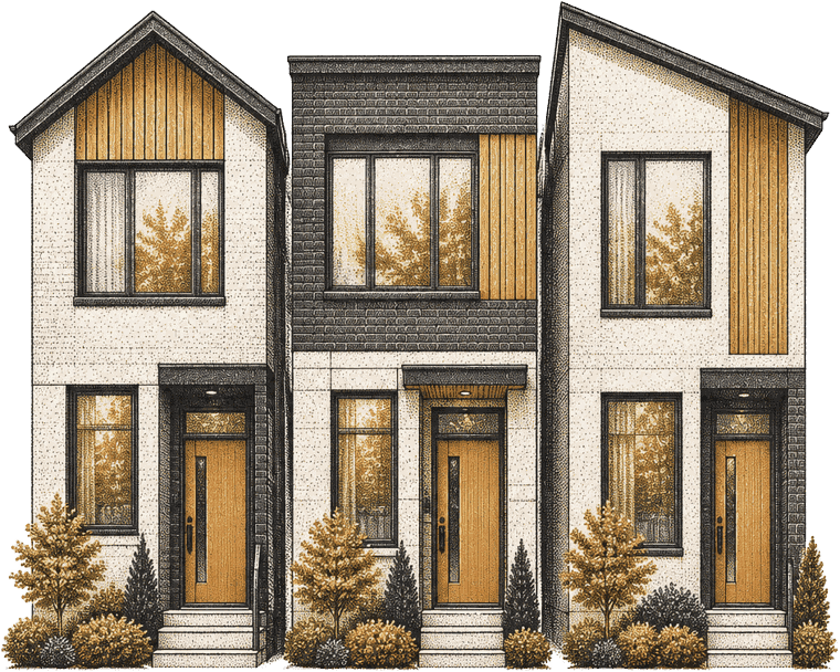 Stipple halftone illustration of three narrow infill homes side by side on one lot.