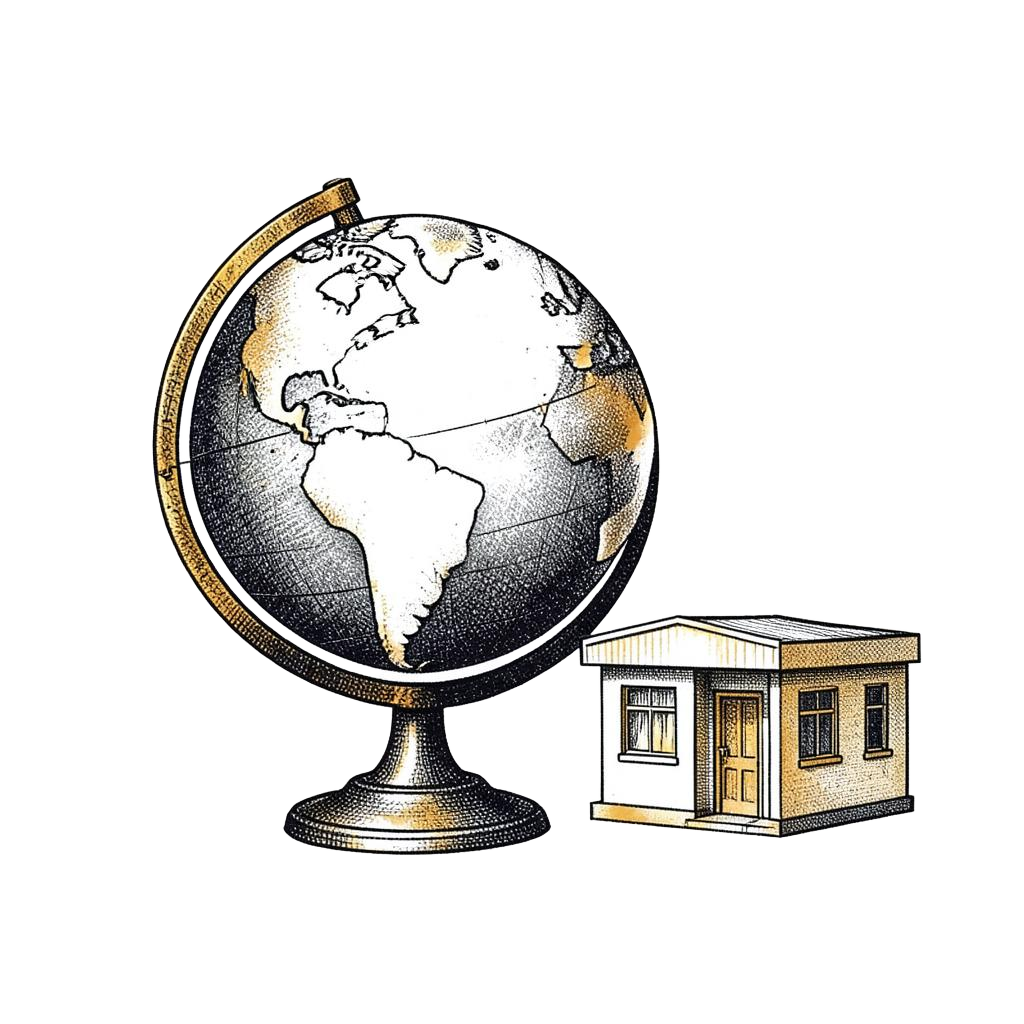 Halftone illustration of a globe beside a simple commercial building.