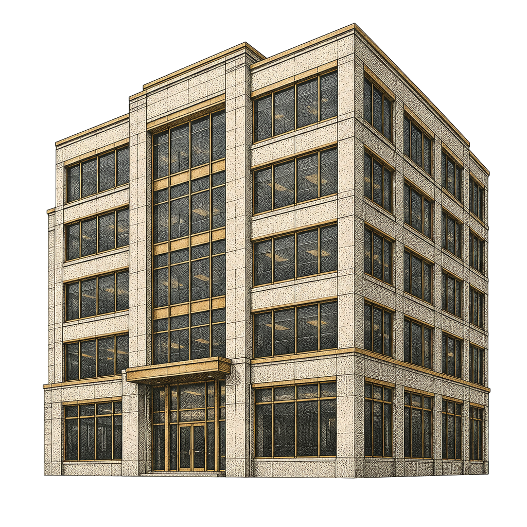 Halftone illustration of a mid rise office building.