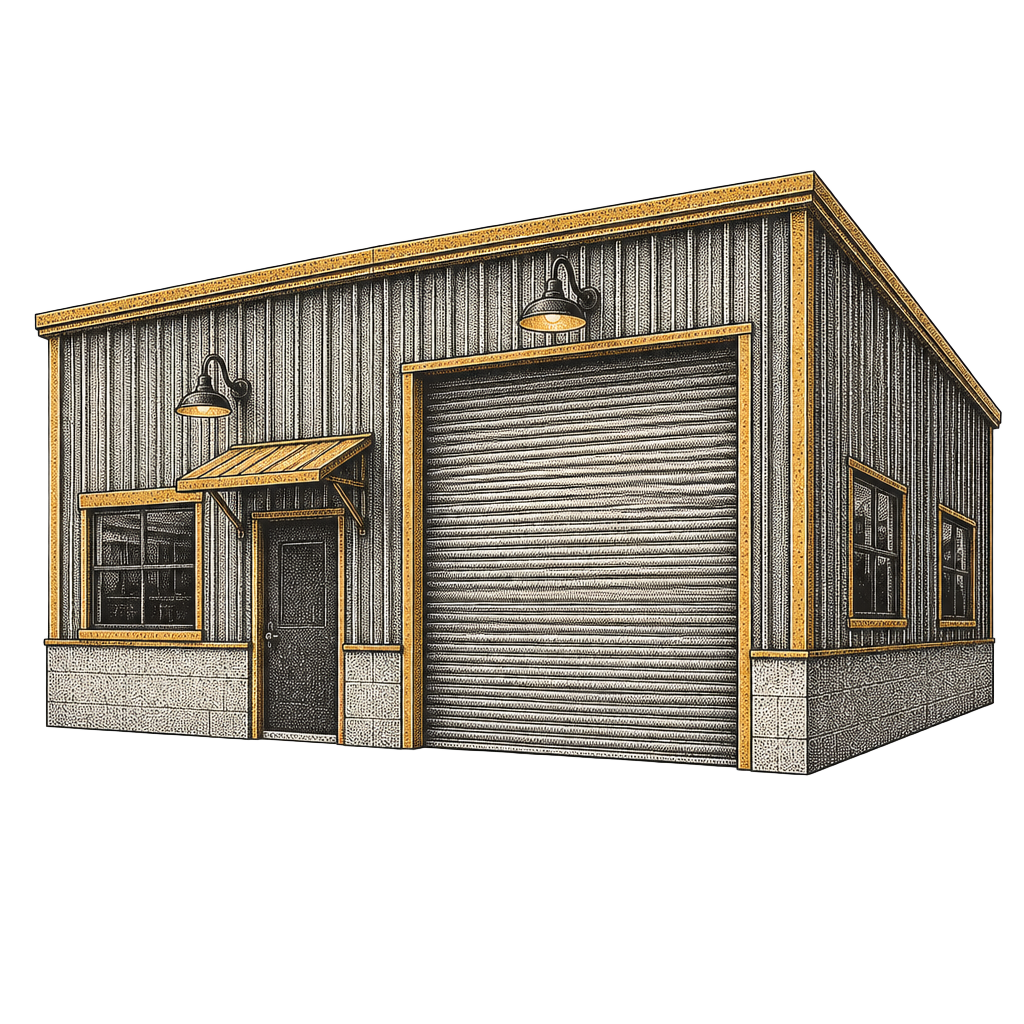 Halftone illustration of a small commercial building with a roll up door.