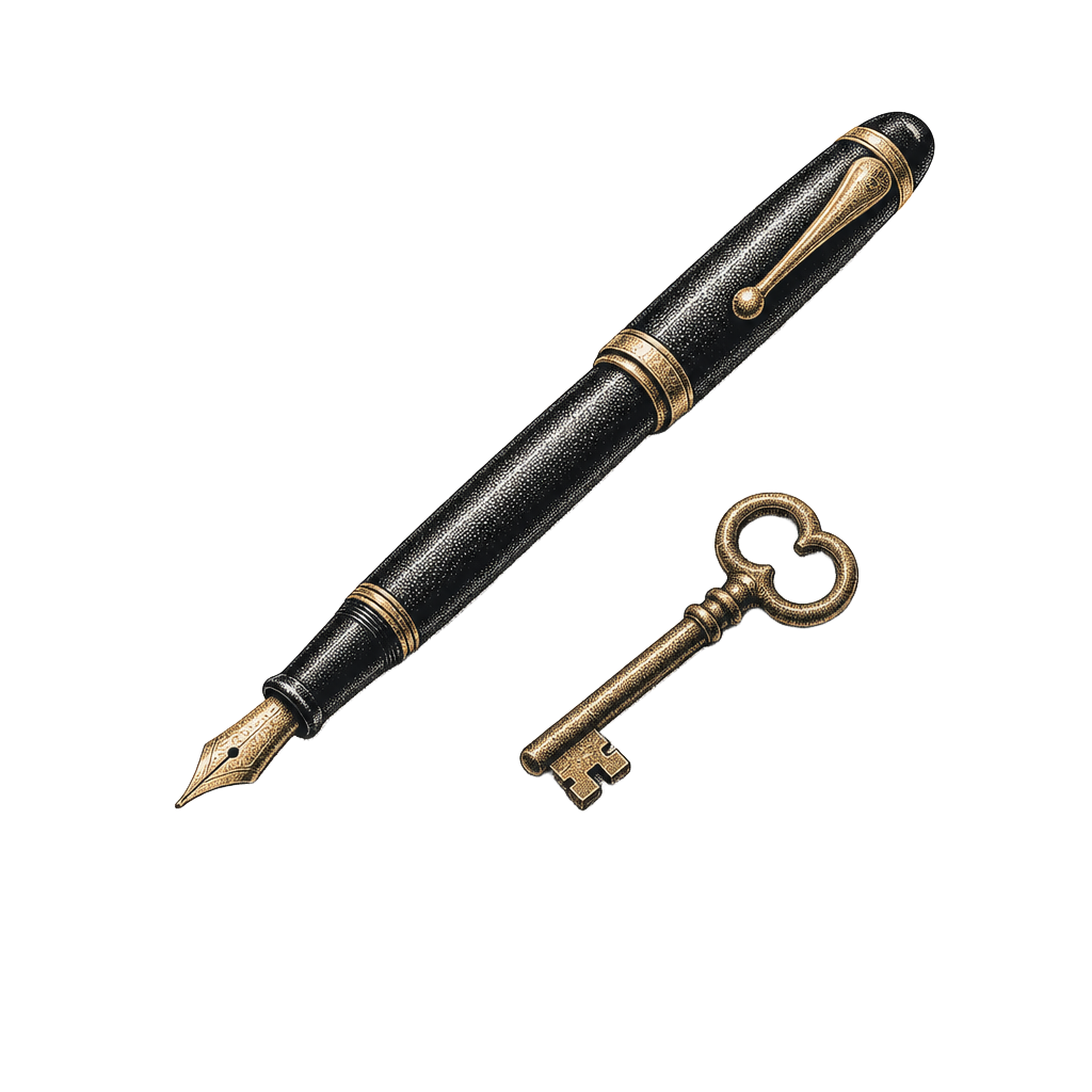 Stipple halftone illustration of a fountain pen lying across a blank signature page with a small brass key beside it.