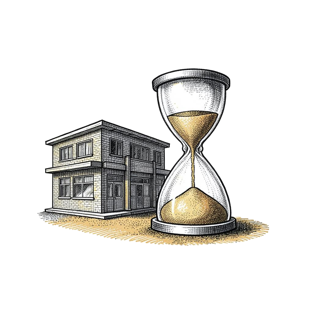 Halftone illustration of an hourglass beside a small commercial building.
