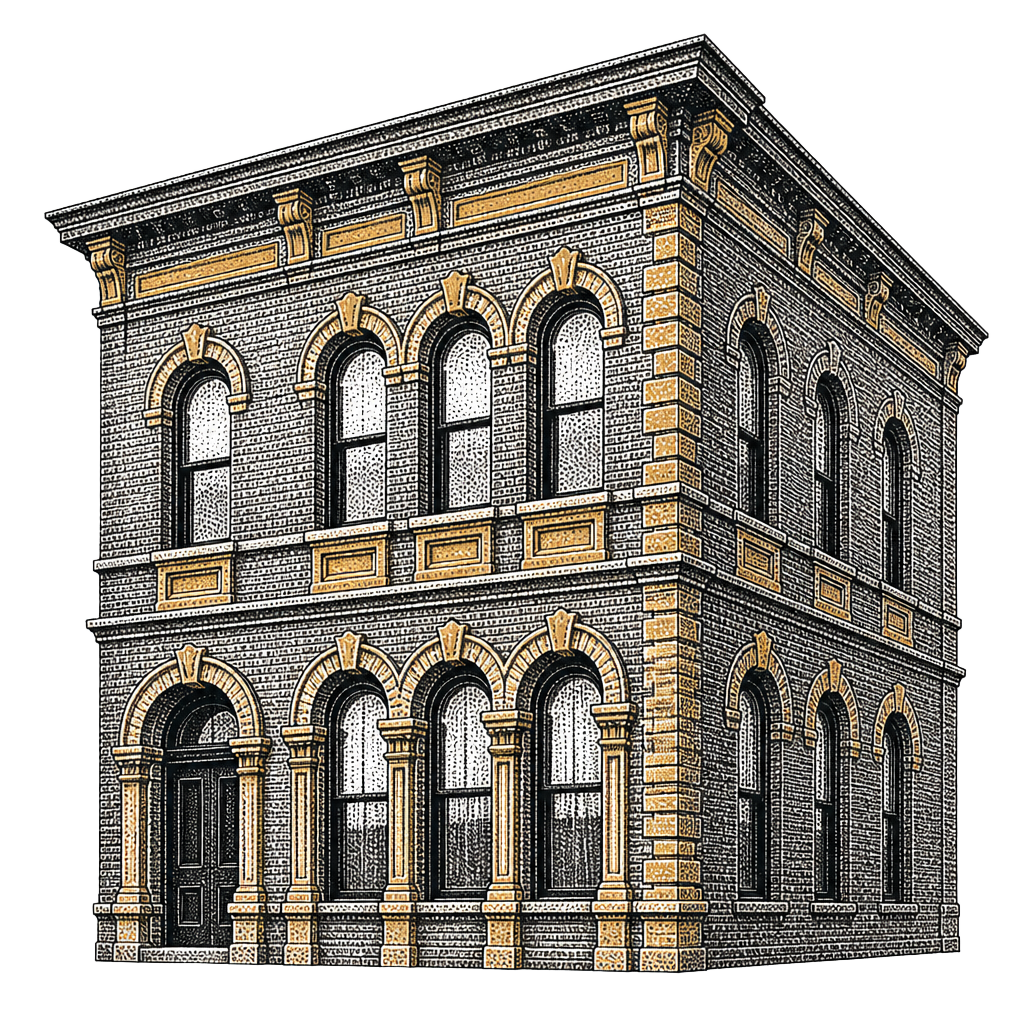 Engraved illustration of a character brick heritage commercial building with large arched windows.