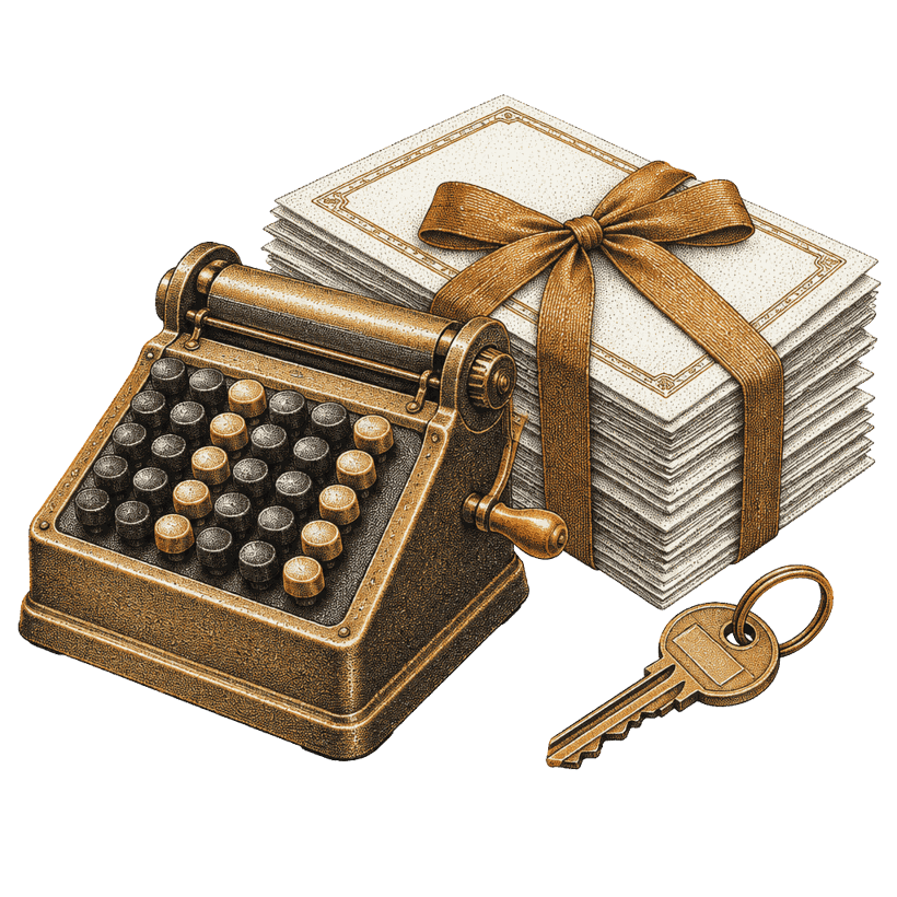 Stipple halftone illustration of a brass desk calculator beside a ribboned stack of title deeds and a key.