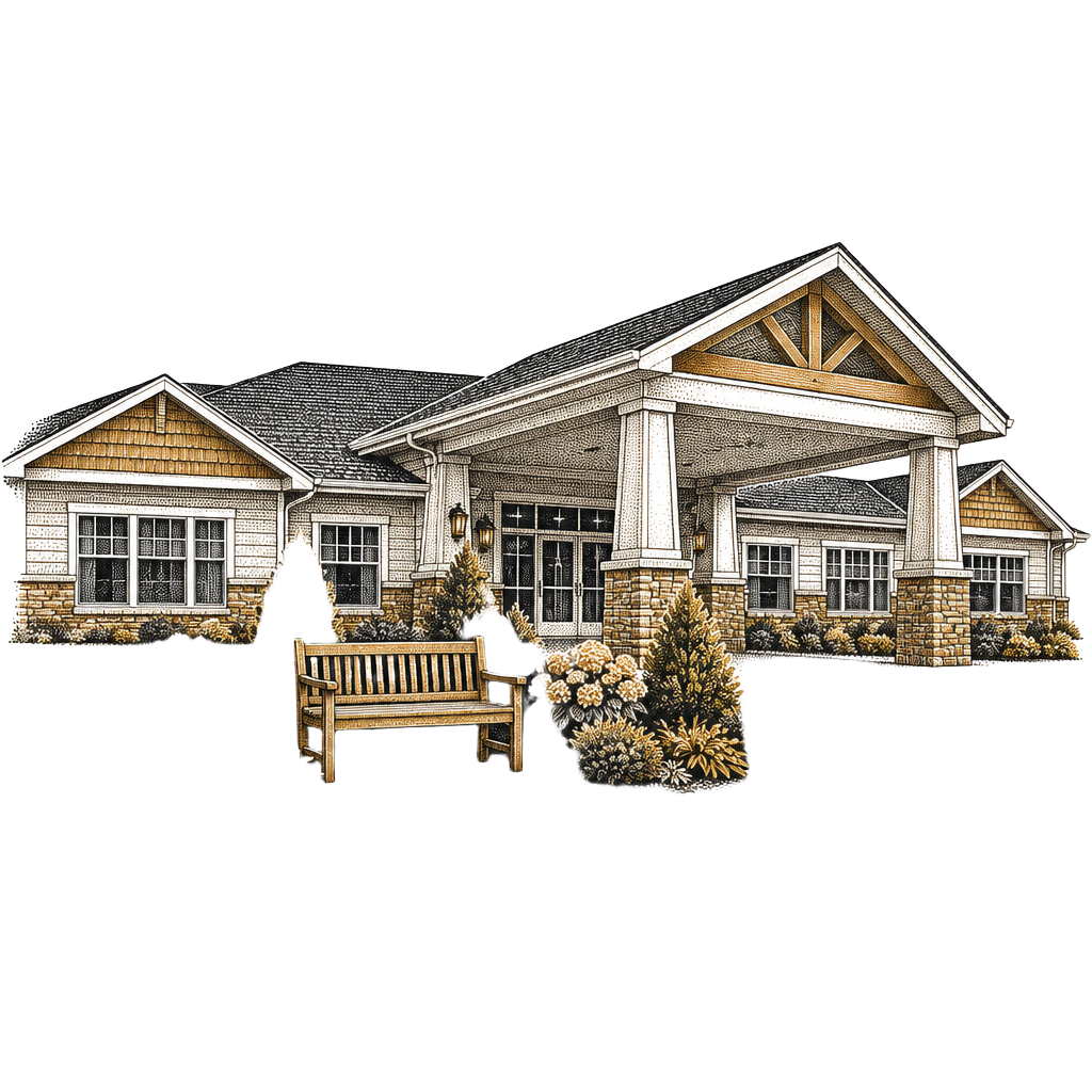 Halftone illustration of a low rise seniors residence with a covered entry and a garden bench.