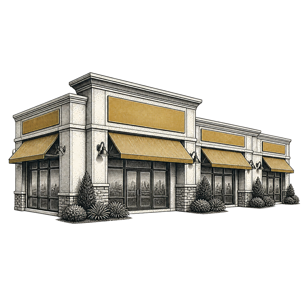 Engraved illustration of a South Surrey retail plaza