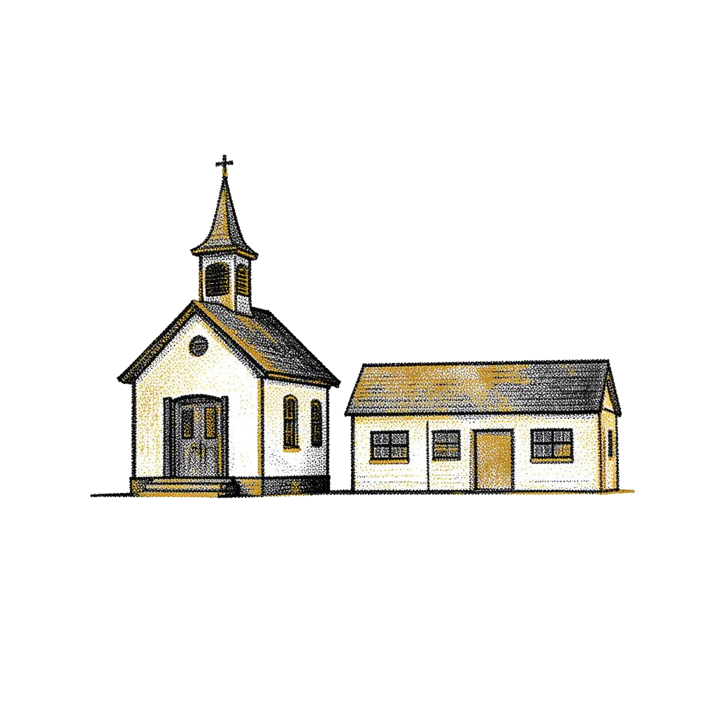 Halftone illustration of a small church with a steeple beside a single storey community hall.