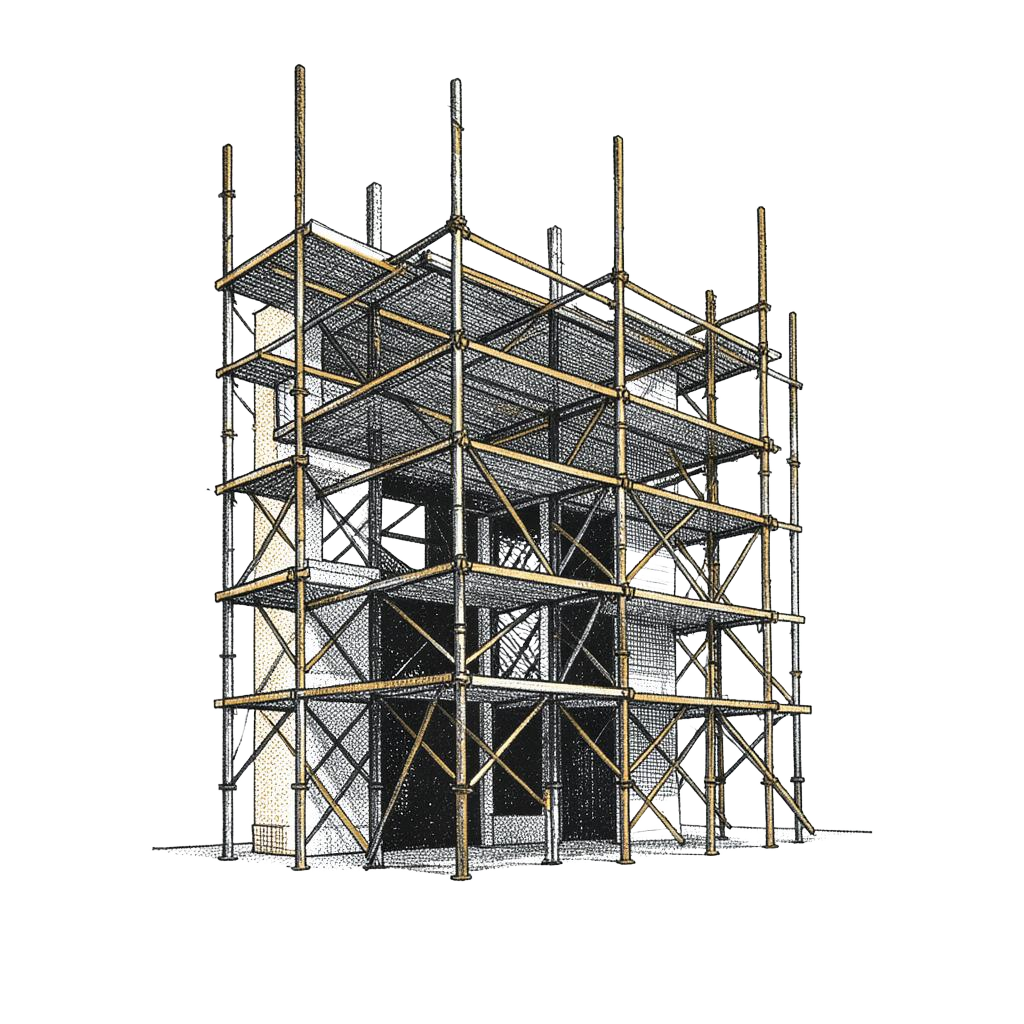 Halftone illustration of scaffolding against a partial building frame.
