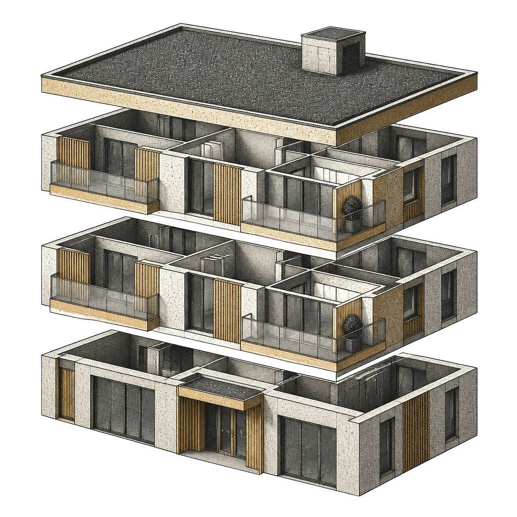 Halftone illustration of a low rise building separated into individual strata units.
