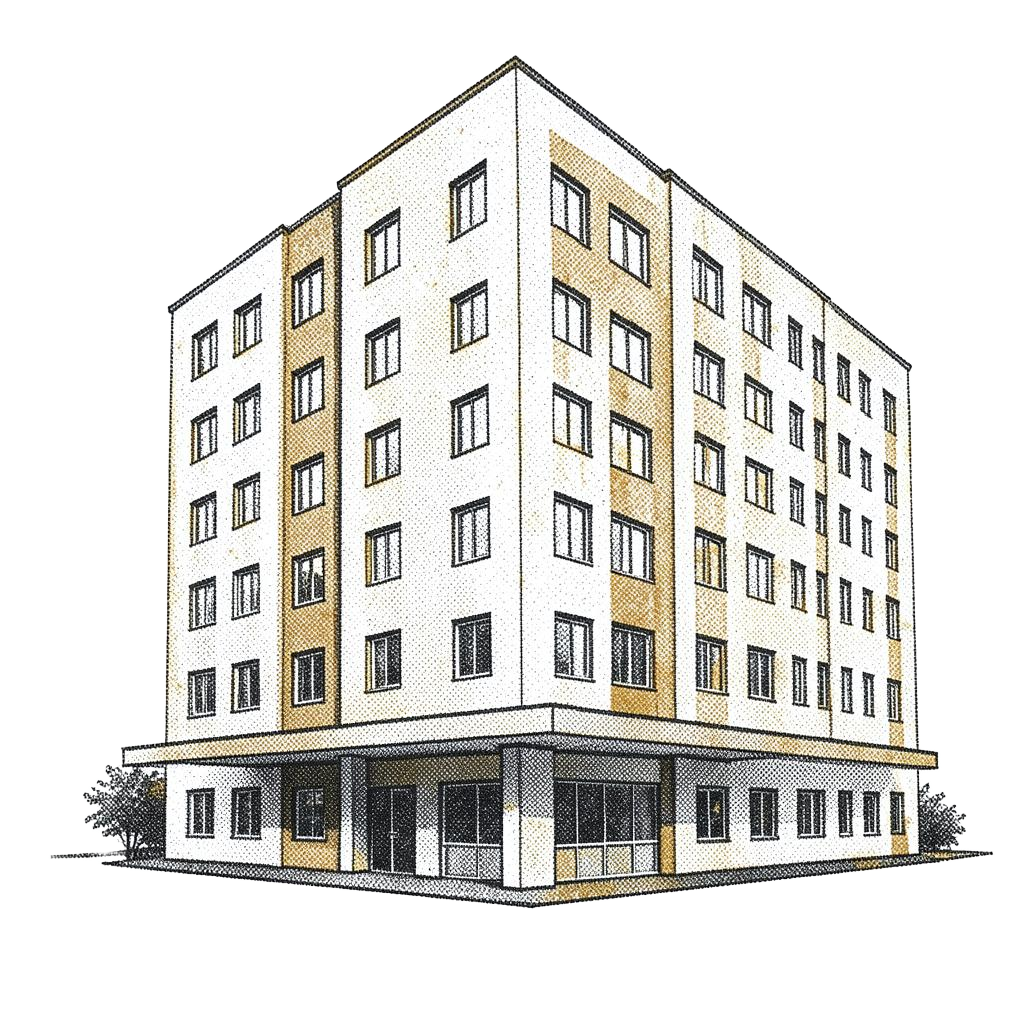 Halftone illustration of a mid rise student residence building with repeating windows and an entry canopy.