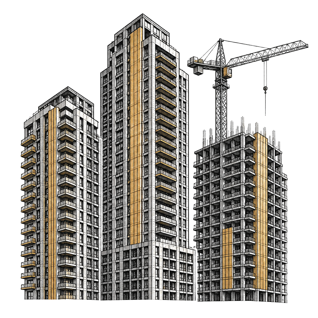 Engraved illustration of a Surrey City Centre tower cluster with a crane