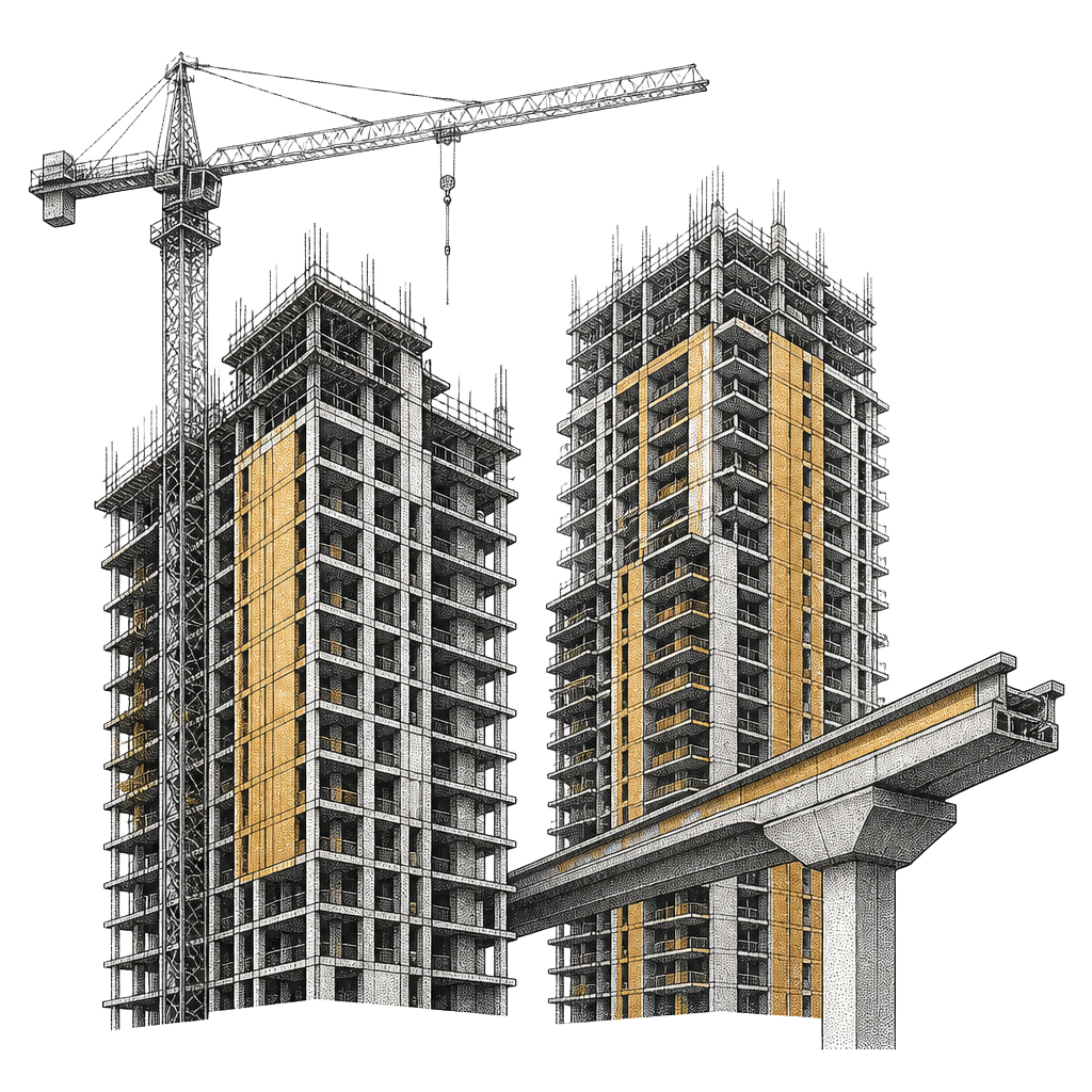 Engraved illustration of Surrey towers under construction beside a SkyTrain line