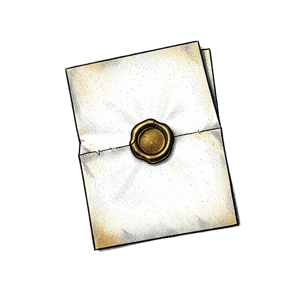 Halftone illustration of a document with a broken wax seal.