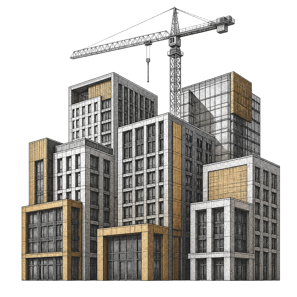 Engraved illustration of Vancouver commercial buildings with a tower crane
