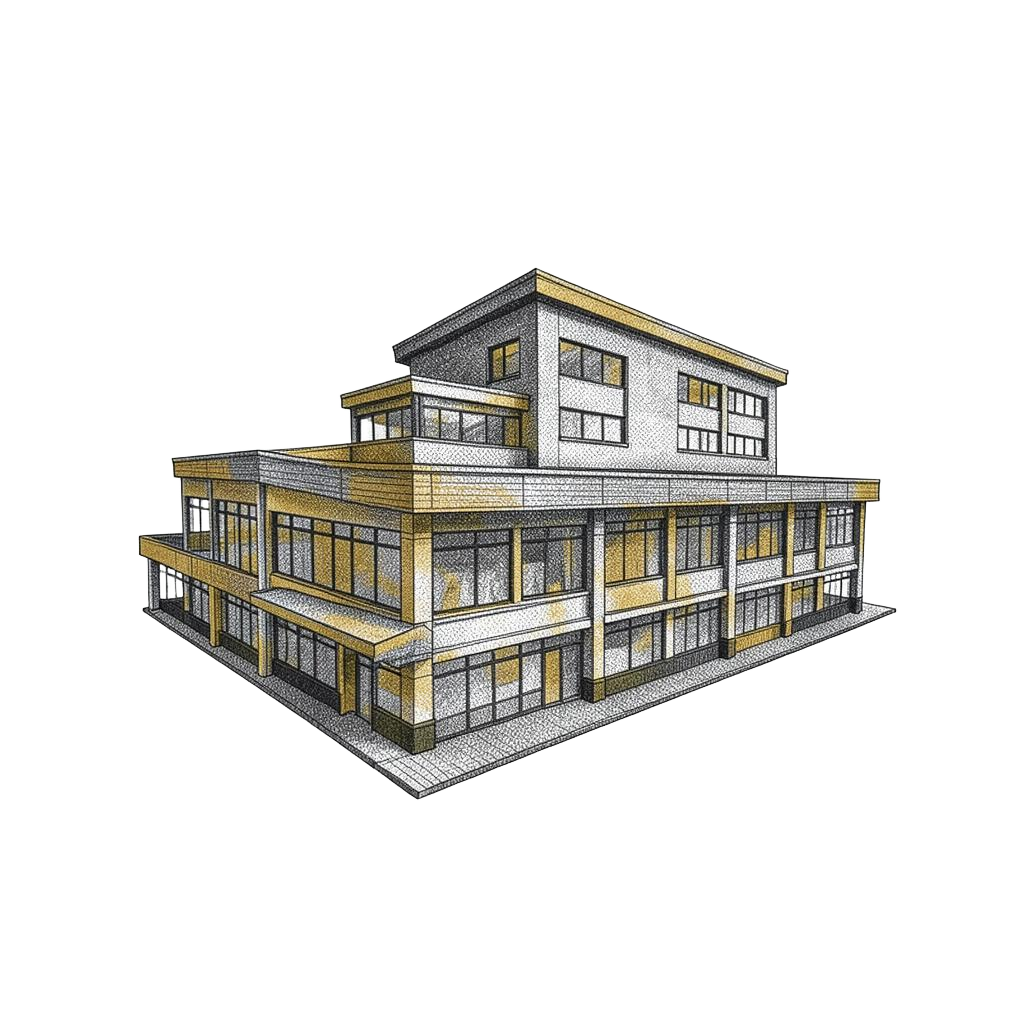 Halftone illustration of a two tier commercial building.